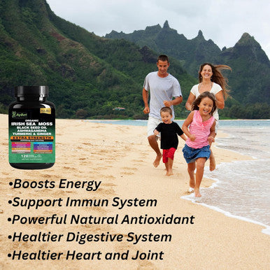 Organic Irish Sea Moss 8000Mg, Black Seed Oil 6000Mg, Ashwagandha 2000Mg, Turmeric 2000Mg, Bladderwrack 2000Mg, Burdock 2000Mg, Ginger, Vit C&Vit D3, Elderberry, Manuka, Dandelion, Yellow Dock