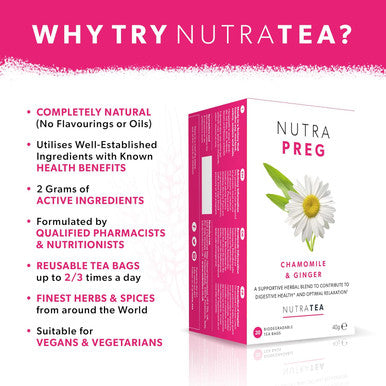 Nutra Tea NUTRAPREG - Pregnancy Tea | Morning Sickness Tea - Help Ease Nausea & Support Mothers Wellbeing - Includes Ginger Peppermint & Chamomile - 20 Enveloped Tea Bags - by - Herbal Tea