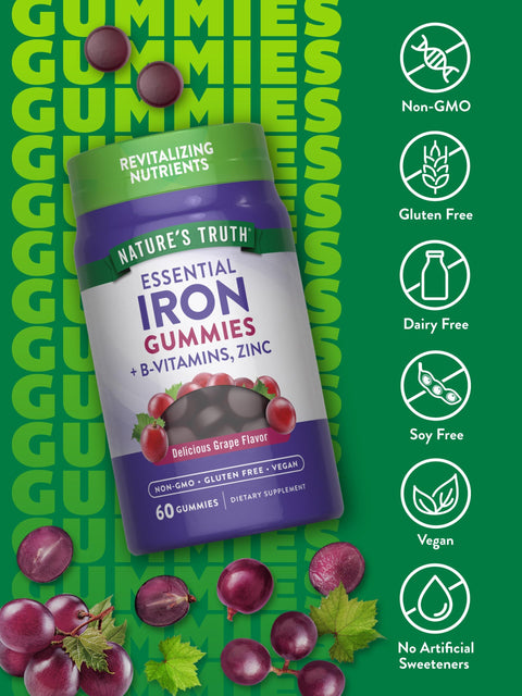 Nature's Truth Iron Gummies 60 Count Vegan NonGMO and Gluten Free Supplement with Zinc and B Vitamins Grape Flavor Vegan NonGMO and Gluten Free Supplement with Zinc and B Vitamins Grape Flavor