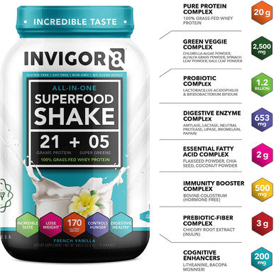 INVIGOR8 Superfood Protein Shake with Immunity Boosters - Gluten-Free Non GMO Meal Replacement Shake with Probiotics and Omega 3 (645 Grams) (French Vanilla)