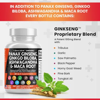 Panax Ginseng 10000mg Ginkgo Biloba 4000mg Ashwagan Maca Root 3000mg - Focus Pills & Brain Supplement for Women and Men with Pine Bark Extract, Garlic, and Saw Palmetto - 60 Caps