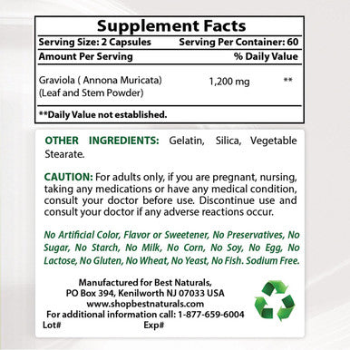Best Naturals Graviola Capsules Annona Muricata 600 Mg 120 Count