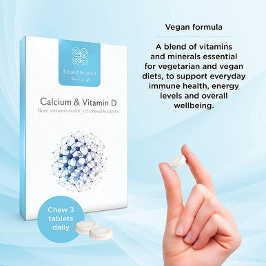 Healthspan Calcium & Vitamin D (240 Chewable Tablets) | High Strength Pure Calcium Supplement | Natural Source of Vitamin D3 | Added Vitamin K for Bone Health | Vanilla | Vegetarian
