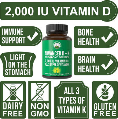 Peak Performance Advanced Vitamin D 2000 Iu With All 3 Types Of Vitamin K Vitamin D3 And Vitamin K2, K1, Mk-7 (Mk7), Mk4 Supplements. 60 Small And Easy To Swallow Vegetable Pills (2000 Iu)