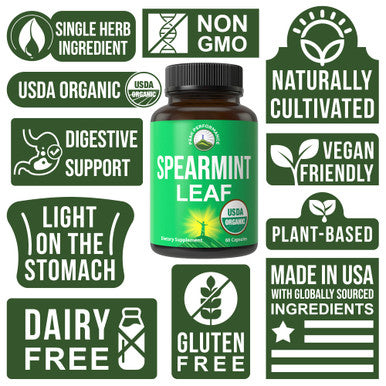 Usda Organic Spearmint Capsules. Organic Vegan Spearmint Leaf Pills For Acne, Digestive Support, Ingestion, Pcos, And More. Usa