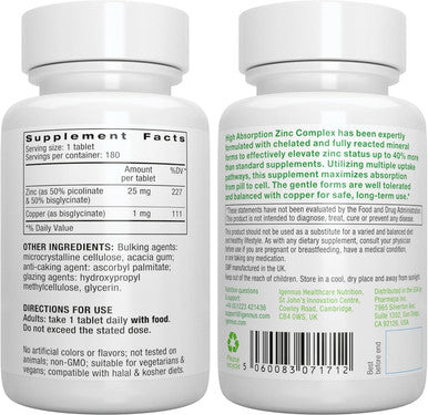 Igennus Advanced and Chelated Zinc Picolinate and Bisglycinate Complex 25Mg With Copper Supplement For Women and Men Clean Label and Vegan Immune Skin And Cellular Health High Absorption 180 Tablets