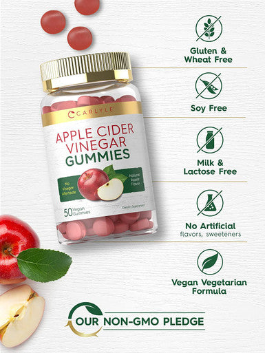Apple Cider Vinegar Gummies | 50 Count | Natural Apple Flavor | Vegan, Non-GMO, Gluten Free | ACV Supplement | by Carlyle
