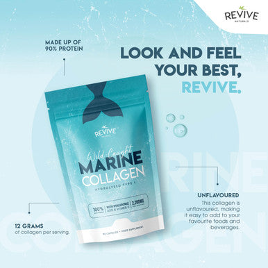 Revive Naturals Marine Collagen Capsules 2400mg - with Hyaluronic Acid & Vitamin C - 90 Capsules - Premium Complex for Skin Joints & Hair for Women & Men ÃƒÂ¢Ã¢â€šÂ¬Ã¢â‚¬Å“ Resealable and Recyclable Pouch by Alpha01