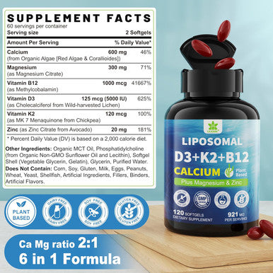 6-In-1 Liposomal Vitamin D3 K2 Calcium Supplement - Plant Based Calcium 600Mg With Vegan Vitamin D 5000 Iu + Vitamin K2 Mk7 + B12, Algae Calcium Magnesium Zinc For Bone, Hear-T, Max Absorption, 1Pack