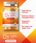 Carlyle Vitamin D3 1000Iu Gummies | 90 Count | Vegetarian, Non-Gmo, And Gluten Free Vitamin D Supplement | Natural Pineapple