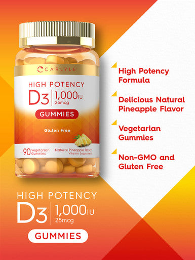 Carlyle Vitamin D3 1000Iu Gummies | 90 Count | Vegetarian, Non-Gmo, And Gluten Free Vitamin D Supplement | Natural Pineapple