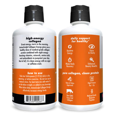 AminoSculpt Collagen Energy Liquid Collagen Peptides 10,000,000 MCG for Joint Health, Recovery, and Boosts Energy, 30 Fl Oz, by Health Direct
