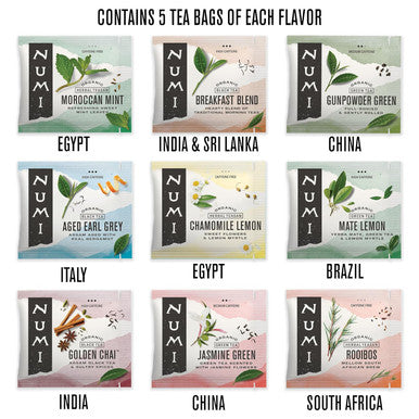 Numi Organic Tea World of Tea Set 45 Tea Bags Fair Trade Black Green Mate Rooibos & Herbal Tea Sampler