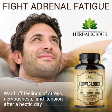 Herbalicious Ashwagandha Supplement - Natural Withania Somnifera Root Capsules - Natural Stress Relief Mood Booster Sleep Aid & Calming Support 100 Count