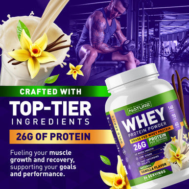 Built Nature Whey Protein Powder - 100% Pure Whey Shake With Whey Isolate, 26G Protein, No Bloating, Mixes Smooth, No Clumps Or Chunks - High Protein, Low Sugar Drink - Natural Vanilla Flavor - 24 Servings