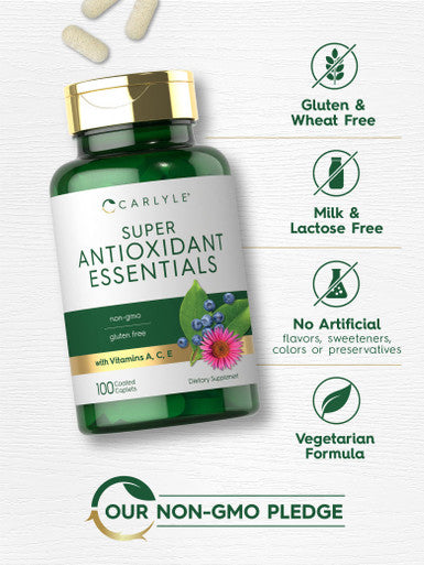 Antioxidants Supplement | 100 Caplets | Nutritional Complex | Vitamin A, C, E | Non-Gmo, Gluten Free Formula | By Carlyle