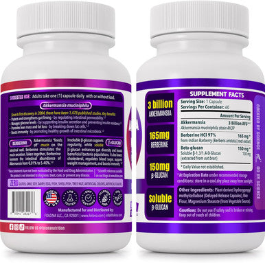 Akkermansia Probiotic For Gut Health Support With Berberine And Soluble Beta-Glucan Prebiotic Fiber Glp-1 Probiotic, 3 Billion Afu, 60 Delayed Release Capsules