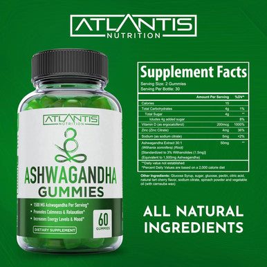 Atlantis Nutrition Ashwagandha Gummies - 1500 Mg Per Serving - Promotes Calmness, Improves Mood, Boosts Energy Levels & Strengthens Immune System - Formulated With Vitamin D & Zinc - Vegan Ashwagandha Gummies 60 Count