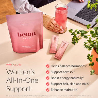 Beam Glow Hormone Balance Supplement for Women Cortisol Supplement for Women PMS Relief Supplement Perimenopause & PCOS Support Womens Vitamins Thyroid Support with Ashwagandha & Selenium