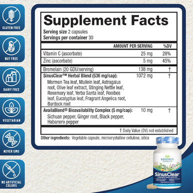 Ridgecrest Herbals Sinusclear, Complete Formula For Sinus And Nasal Health With Mullein Leaf, Bromelain, Vitamin C, And Zinc, For Healthy Mucus, Immune & Respiratory Support, (60 Veg Caps, 30 Serv)