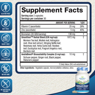 RidgeCrest Herbals SinusClear Complete Sinus Support 60 Vegetarian Capsules