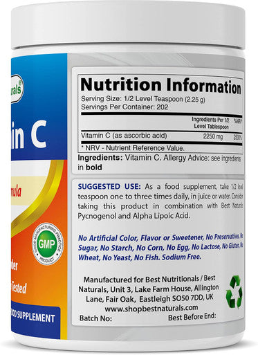 Best Naturals 100% Pure Vitamin C Powder 1 lb (454 Grams) Powder (Also Called Ascorbic Acid)