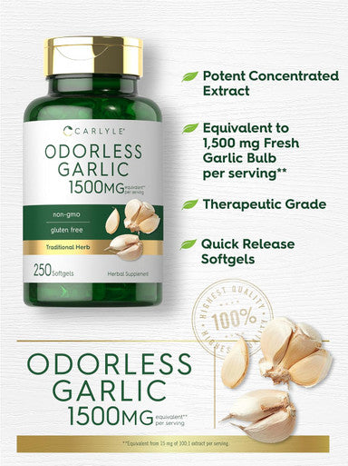 Carlyle Odorless Garlic Softgels 1500mg | 250 Count | Non-GMO Gluten Extract Supplement