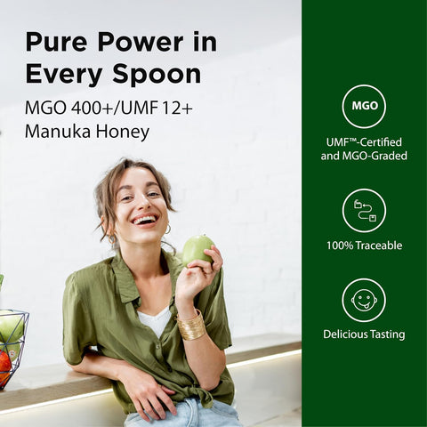 Flora - MÃƒâ€žÃ‚Ânuka Honey MGO 400+/12+ UMF, New Zealand Honey, 100% Traceable MGO,Natural Healing, Sore Throat Relief, Aids Digestion, 17.6-oz. Jar