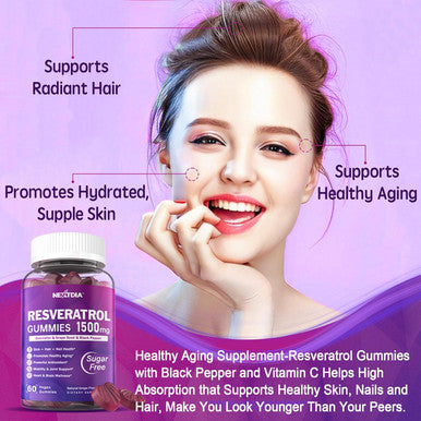 Resveratrol Gummies 1500Mg - Sugar Resveratrol Supplement With Quercetin, Grape Seed, Acai Berries Extracts Support Antioxidant, Healthy Aging & Longevity, Skin, Joint, Brain Wellness - 2Pack