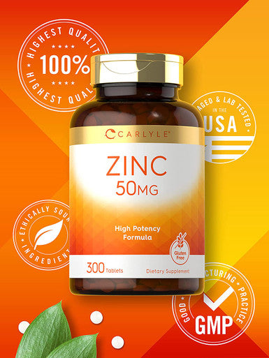 Zinc 50Mg | 300 Tablets | Vegetarian, Non-Gmo, And Gluten Free Supplement | Zinc Gluconate | High Potency Formula | By Carlyle