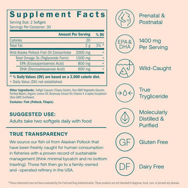 True Grace Prenatal DHA - 60 Softgels - 1400mg of DHA & EPA - for Pre-Conception Pregnancy & Lactation - Wild Caught & Sustainably Sourced - Gluten - 30 Day Supply