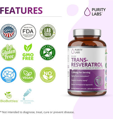 Purity Labs Pure Trans-Resveratrol Supplement + Quercetin 1500Mg, Vegan Supplements For Heart, Skin Hair Nails, Anti Aging Antioxidant Supplement 90Ct