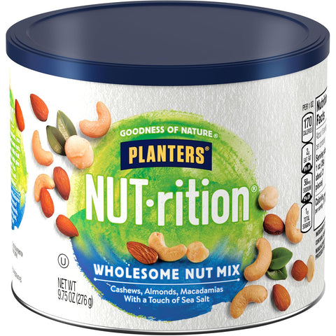 PLANTERS NUT-RITION Heart Healthy Mixed Nuts, Plant Based Protein, 9.75 Oz | Nuts: Peanuts, Almonds, Pistachios, Pecans, Hazelnuts, Walnuts. Canister. Snacks for Adults. Healthy Snacks