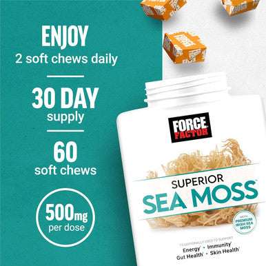 Force Factor Superior Sea Moss, Premium Irish Sea Moss To Support Energy, Immunity, Gut Health, & Skin Health, Non-Gmo, Gluten , Salted Caramel Flavor, 60 Soft Chews