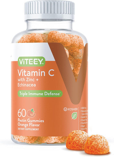 Vitamin C Gummies For Adults & Teens With Zinc & Echinacea - Immune Support Gummies - Immune Booster - Vegan, Gelatin Free, Gluten Free, Gmo - Tasty Vitamin C Chewable Orange Flavored Gummy