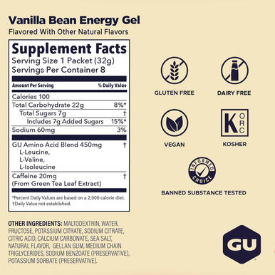 GU Energy Original Sports Nutrition Energy Gel Vegan and Dairy-Free On-the-Go Energy for Any Workout Vanilla Bean 8-Count