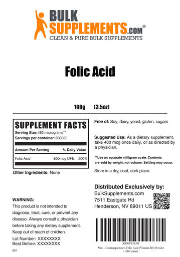 BulkSupplements Folic Powder - Vitamin B9 - Folic Supplement - Folic Prenatal Vitamins - Folate Supplement for Women - Folic 800 mcg (100 Grams - 3.5 oz)