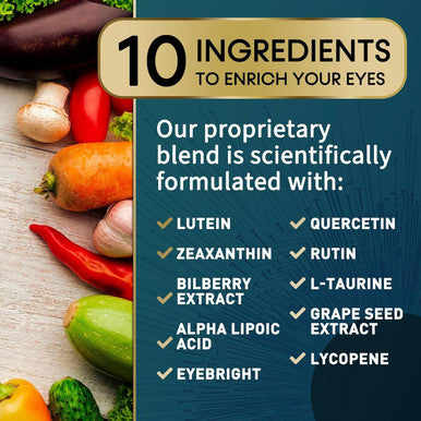 Eye Vitamins & Mineral Supplement, Contains Lutein, Zeaxanthin, Bilberry & Zinc, Supports Eye Strain, Vision Macular Health & Dry Eyes For Adults With Vitamin C & E, Lycopene - 60 Capsules