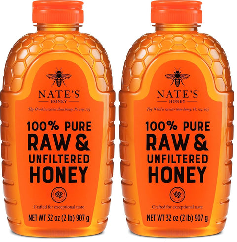 Nate's 100% Pure, Raw & Unfiltered Honey - Award-Winning Taste, Squeeze Bottle, 32 Ounce (Pack of 2)