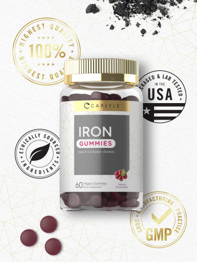 Carlyle Iron Gummies | Plus B-Complex Vitamins | 60 Vegan Gummies | Natural Grape Flavor | Non-Gmo, Gluten Free Supplement
