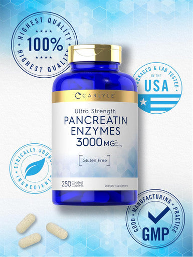 Carlyle Pancreatin Digestive Enzymes | 3000mg | 250 Caplets | Non-GMO Gluten | High Potency Formula