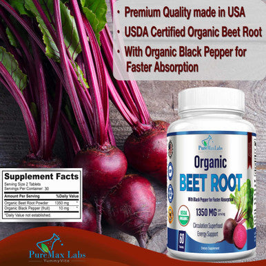 YUMMYVITE Organic Beet Root Powder 1350Mg With Black Pepper 60 Tablets