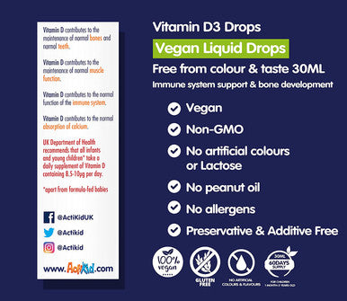 ActiKid Vitamin D3 Drops 30ml for Newborn Babies, Infants and Children, (a Vegan, Sugar Free, Preservative Free, no Allergens, Baby, Vitamin D Supplement) - Immunity Boost