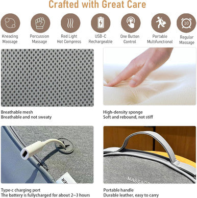 Back Massager With Heat, Shiatsu Roller & Percussion Head For Lower Back Pain Relief - 3D Deep Tissue Kneading Massage Pillow For Neck & Shoulder Muscle Relaxation, Home & Office