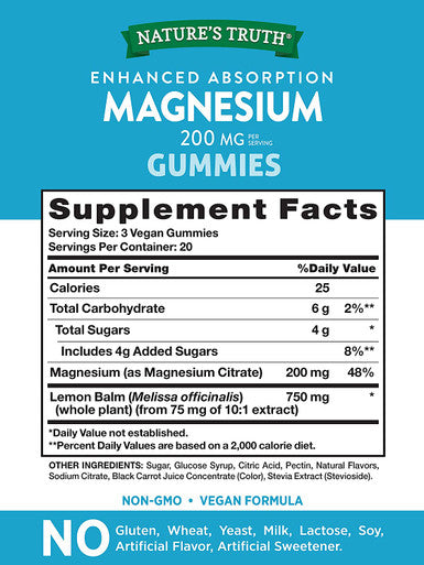 Magnesium Gummies | 200mg | 60 Count | Vegan, Non-GMO & Gluten Supplement | Enhanced Absorption | by Nature's Truth