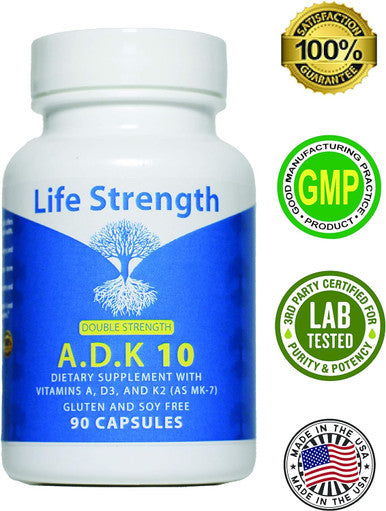 Life Strength Adk 10 Supplement (90 Ct) - Physician Formulated Vitamins A1, D3 & K2 (As Mk7) For Bone Health - Immune System Support - Gluten Free, Soy Free, Non-Gmo - Pack Of 1