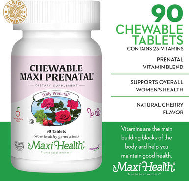Maxi Health Chewable Prenatal Vitamin - Over 25 Essential Vitamins and Minerals - Doctor Formulated for Pregnant and Lactating Women - 90 count