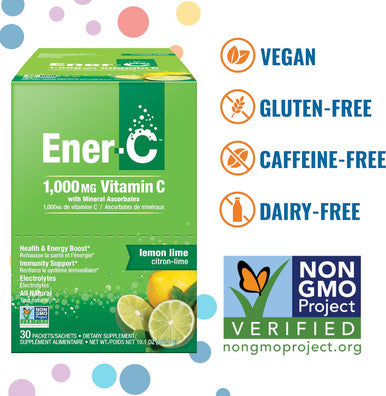 Ener-C Lemon Lime Multivitamin Drink Mix Powder Vitamin C 1000Mg & Electrolytes With Real Fruit Juice Natural Energy & Immune Support For Women & Men - Non-Gmo Vegan & Gluten - 60 Count