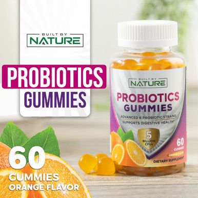 Built Nature Probiotic Gummies 5 Billion Cfus For Digestive & Gut Health - Reduces Occasional Bloating & Minor Abdominal Discomfort - Probiotic Gummy For Women & Kids - Natural Orange Flavor 60 Gummies