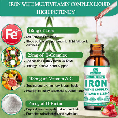 WellVeraVida Liquid Iron Supplement W/Vitamin C, B-Complex, High Potency Iron Liquid W. Multivitamin, Vegan Iron Drops For Women, Kids, Chelate Liquid Iron Supplement For Anemia, Fatigue, Red Blood Cell Support